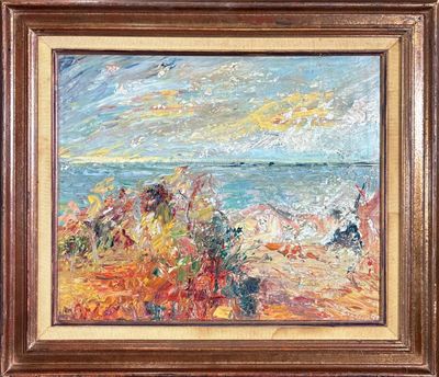 une peinture à l'huile représentant une scène de plage avec un bateau au loin