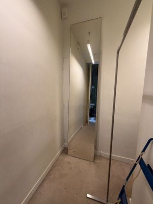 un couloir avec un miroir et une échelle à l'intérieur