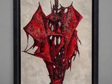 a framed picture of a red dragon on a beige background