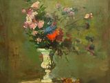 une peinture représentant un vase de fleurs sur une table