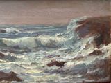 painting of a painting of waves crashing on a rocky shore