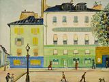 tableau représentant une scène de rue avec des personnes et un chien au premier plan