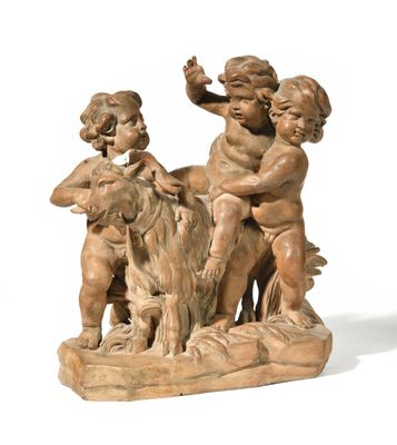 statue of a boy and a girl with a goat on a white background