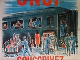 affiche représentant une gare où des personnes montent dans un train sur le quai