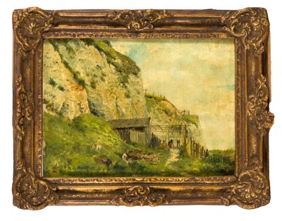 un tableau représentant un paysage de montagne avec une maison sur une colline