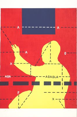 an image of a red and yellow poster with a man pointing at a screen