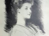 a black and white drawing of a woman with long hair