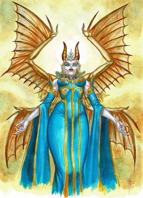 a drawing of a woman in a blue dress with wings