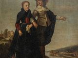 an old painting of two people standing next to each other on a hill