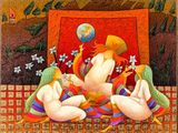 a painting of two women sitting on a couch with flowers in their hair
