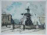 un tableau représentant une fontaine au cœur d'une ville