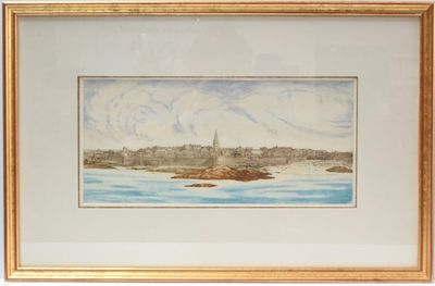 painting of a view of a city from the water with a boat in the foreground