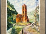une peinture à l'huile représentant une église sur une colline, avec des arbres en arrière-plan