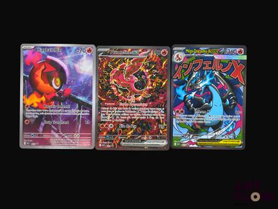 three different types of pokemon cards are shown on a black background