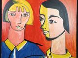 un tableau représentant deux femmes debout l'une à côté de l'autre