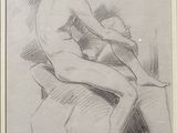 drawing of a nude man sitting on a bed in a frame