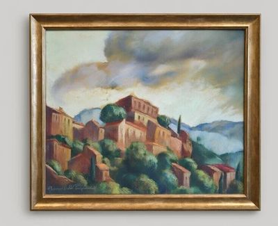 tableau représentant un village situé sur une colline, avec le ciel en arrière-plan