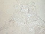 un dessin représentant une femme en robe, assise sur une chaise