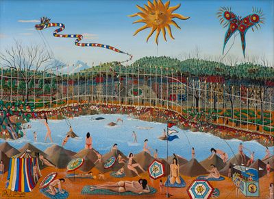 painting of a circus scene with people playing in the water and flying kites