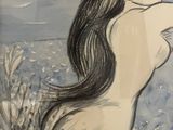 painting of a woman with long hair standing on a beach