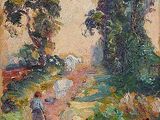 an oil painting of a person walking down a dirt road