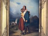 an oil painting of a man holding a child in his arms
