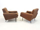 pair of mid century danish lounge chairs in brown wool and black metal legs