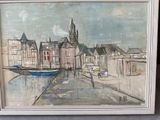 a picture of a painting of a boat on the water