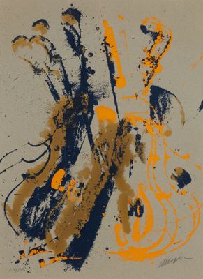 une image représentant une peinture d'une guitare et d'autres instruments de musique