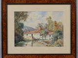 an image of a watercolor painting of a house by a river