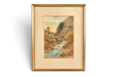 une image représentant un tableau d'un ruisseau de montagne dans un cadre doré