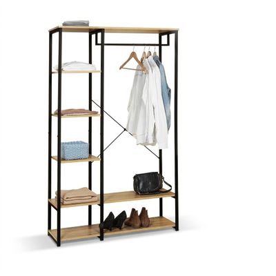 a wooden rack with clothes hanging on it and a pair of shoes
