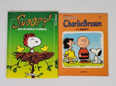 Deux livres mettant en scène Charlie Brown et Snoop sont posés sur une table
