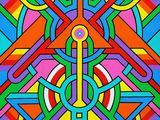 a painting of a cross on a multicolored background