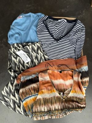 des vêtements et un sac à main sont posés par terre