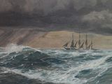 a painting of a ship in the ocean under a cloudy sky
