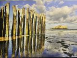 a picture of a picture of a beach with wooden posts