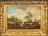 un tableau représentant une calèche tirée par des chevaux dans un paysage boisé