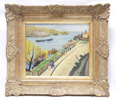 an image of a painting of a river scene with a boat in the water