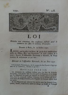 99.	[COLONIES]. Loi relative aux armemens des vaisseaux dest…