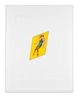 a painting of a woman flying through the air on a yellow background