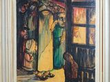 an image of a painting of a woman standing in front of a door