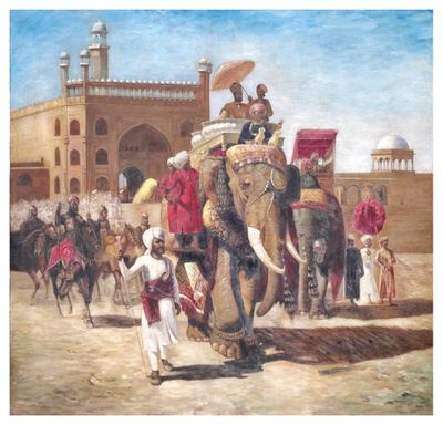 tableau représentant un groupe de personnes chevauchant un éléphant