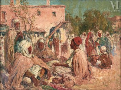 une image représentant un tableau où l'on voit un groupe de personnes devant un bâtiment