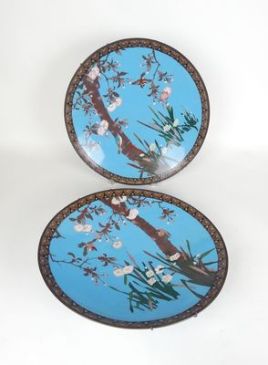 two plates with flowers and birds painted on them on a white surface