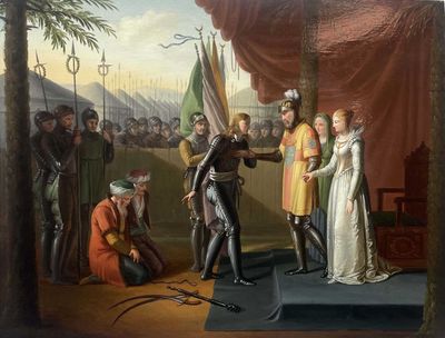 tableau représentant un homme serrant la main d'une femme sur une scène
