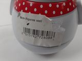 a gray and red cup with a red ribbon around it