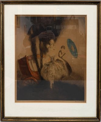 tableau représentant une femme et un chien dans une pièce où se trouve un miroir