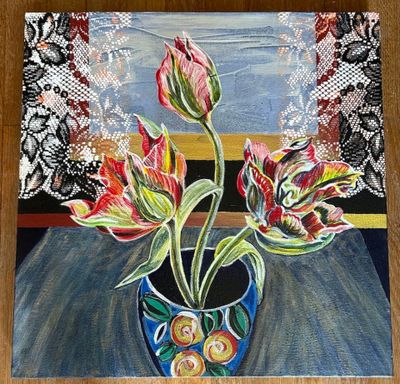 a painting of three tulips in a vase on a table