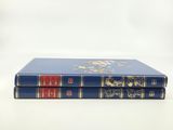 two blue books sitting on top of each other on a white surface